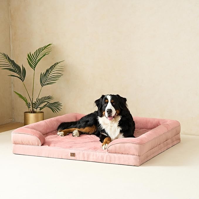 EHEYCIGA Orthopedic Dog Beds for Extra Large Dogs, Waterproof Memory Foam XXL Dog Bed with Sides, Non-Slip Bottom and Egg-Crate Foam Big Dog Couch Bed with Washable Removable Cover, Dusty Pink