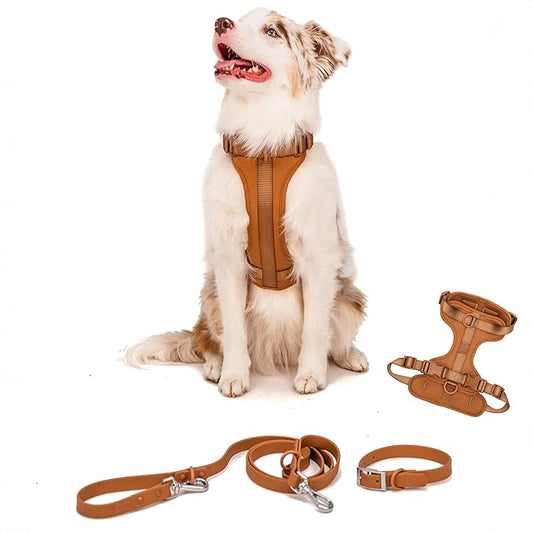 Dog Harness and Leash Set | BearBone No Pull Dog Harness and Waterproof Dog Collar and Leash Set | Heavy Duty Dog Harness, Leash and Collar | Medium Dog Harness, Leash and Collar (Brown, Medium)