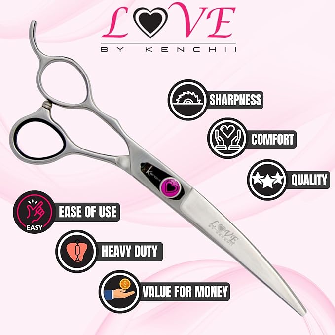 Kenchii Left Handed Dog Grooming Scissors | 7 Inch Shears | Curved Scissors for Dog Grooming | Love Collection Dog Shears | Pet Grooming Accessories | Pet Hair Trimming Scissor
