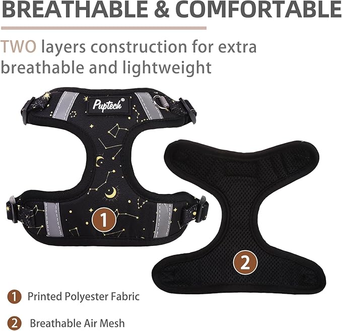 PUPTECK No Pull Dog Harness and Leash Set Reflective No Choke Step in Puppy Halter for XS Small and Medium Sized Dogs, Black, Printed Fabric, S