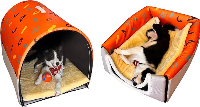 Cat Bed or Dog Bed,2 Ways to Use,Indoor Pet House with Fluffy Mat,Removable and Washable Cover,Splash-Proof House and Non-Slip Bottom,for Cats and Small Dogs(S Orange & Gray)