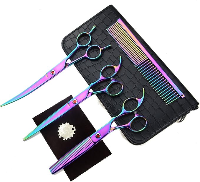 LILYS PET Professional PET Grooming Scissors Kit,Coated Titanium,Sharp and Strong Stainless Steel Blade for Dogs Cats Hair Cutting,3 Pieces of Scissors with a Comb and a Case (7.5 inches, Rainbow)