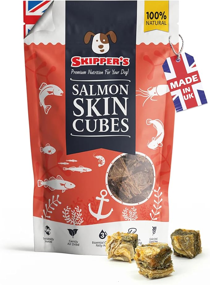 SKIPPER'S Salmon Skin Cubes - 100% Salmon Skin Grain Free & Hypoallergenic Cubes for Dogs, All Natural & Healthy Dog Treats, Omega 3 & 6 Oil, Great for Skin, Coat & Joints | (2.5 Oz)