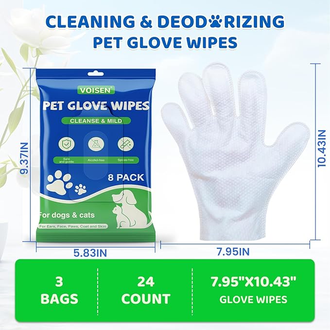 VOISEN 24 Pcs Pet Glove Wipes for Dogs and Cats,Cleaning & Deodorizing Bathing Grooming Wipes,Unscented Thick Nourish Fur Glove Wipes for Pet Dry Cleaning,Daily Care and Travel