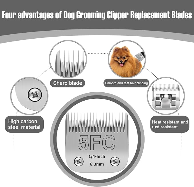 5FC Detachable Pet Clipper Replacement Blades Compatible with Andis/Oster A5/Wahl KM10 Series Dog Clipper,Made of Ceramic Blade & Stainless Steel Blade,Size 5FC Cut Length 1/4-Inch(2 Pack)