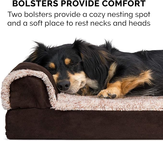 Furhaven Orthopedic Dog Bed for Large Dogs w/ Removable Bolsters & Washable Cover, For Dogs Up to 95 lbs - Two-Tone Plush Faux Fur & Suede L Shaped Chaise - Espresso, Jumbo/XL