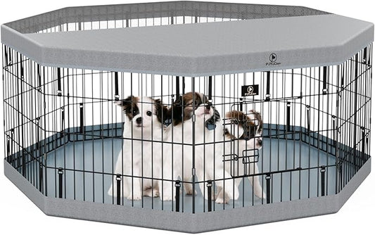 PJYuCien Puppy Playpen,8 Panels 24”H Dog Playpen with Gery Bottom Pad and Grey Top Cover,Metal Foldable Dog Exercise Pen for Indoor,Better for Small Pets