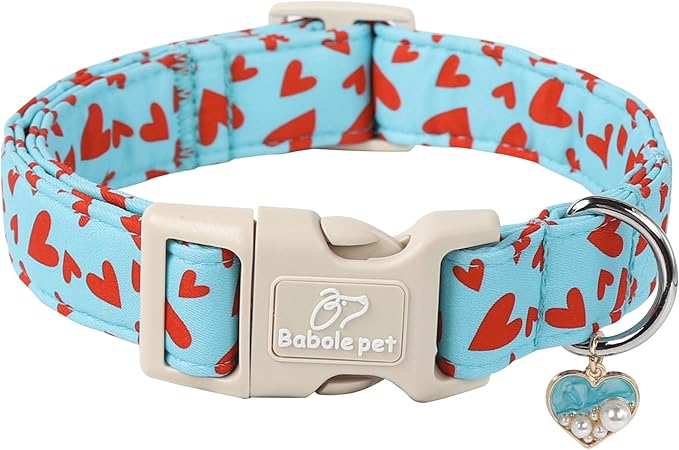 Valentine's Day Dog Collar - Cute Blue Valentines Dog Collar Girl Boy Durable Adjustable Red Heart Pattern Charm Dog Collars for Small Medium Large Dogs XL