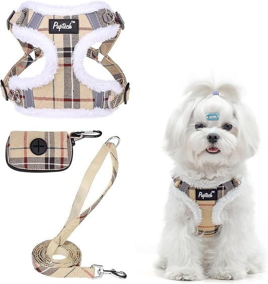 PUPTECK No Pull Dog Harness and Leash Set Reflective No Choke Step in Puppy Halter for XS Small and Medium Sized Dogs, Beige Plaid, Plush, XS