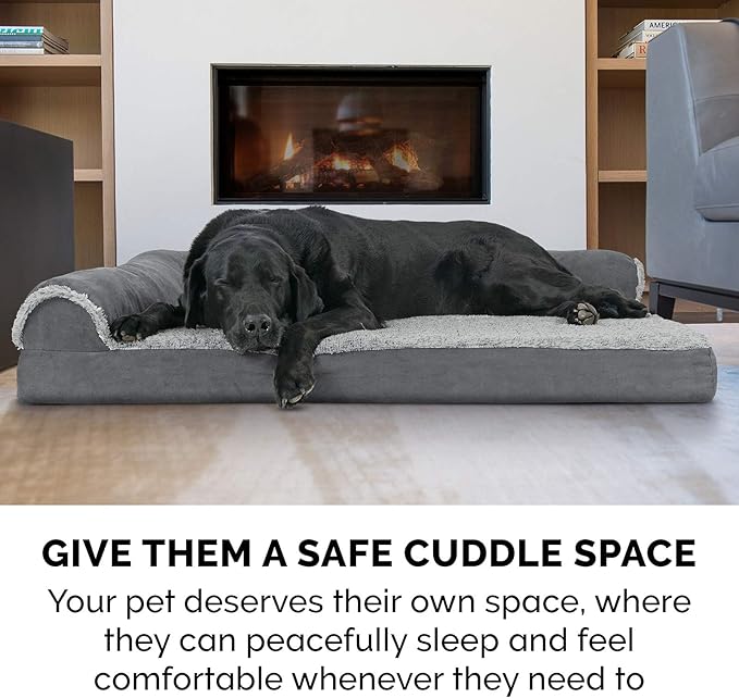 Furhaven Orthopedic Dog Bed for Large Dogs w/ Removable Bolsters & Washable Cover, For Dogs Up to 95 lbs - Two-Tone Plush Faux Fur & Suede L Shaped Chaise - Stone Gray, Jumbo/XL