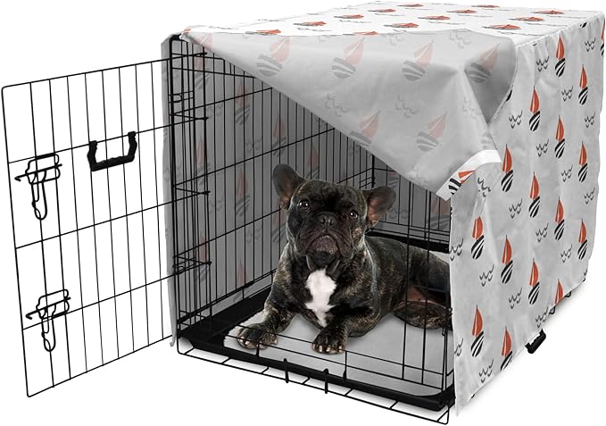 Lunarable Sail Boat Dog Crate Cover, Abstract Boat Waves Cartoon Drawing Style Geometric Pattern, Easy to Use Pet Kennel Cover for Cats & Medium Dogs, 24 Inch, Salmon Black Grey