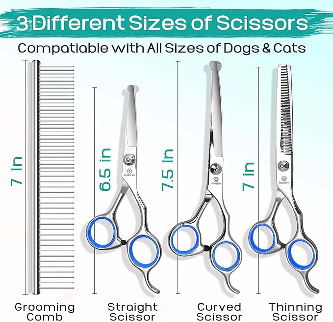 Professional Pet Grooming Kit – 5 in 1 Dog Grooming Scissors Kit - Dog & Cat Grooming Supplies - Adjustable Screw Scissors, 4CR Stainless Steel Dog Clippers, Hair Thinning Shears, Rubber Grips