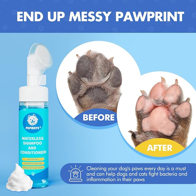 Paw Cleaner | No-Rinse Foaming Cleanser for Dogs Cats | 6.8 fl oz | Gentle and Safe | Pleasant Smell | Deep Clean Pet Paws | Bottle with Removable Soft Silicone Brush