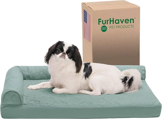 Furhaven Orthopedic Dog Bed for Medium/Small Dogs w/ Removable Bolsters & Washable Cover, For Dogs Up to 35 lbs - Pinsonic Quilted Paw L Shaped Chaise - Iceberg Green, Medium