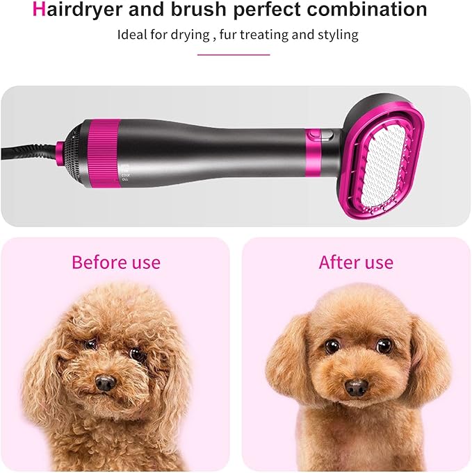 Dog Hair Dryer | 2 in 1 Pet Grooming Hair Dryer Blower with Replaceable Slicker Brush | Adjustable Temperature | Professional Pet Blowing Dryer | for Small and Medium Dogs and Cats