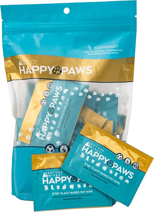 Venture Wipes Happy Paws - Natural Pet Wipes for Dogs and Cats - Biodegradable Grooming Wipes for Paws, Eyes, Ears, Glands, and More - Large Cleansing Cloths for Pet Care Essentials (20 Count)