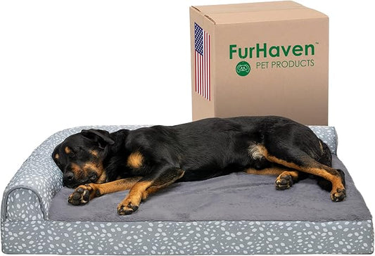 Furhaven Orthopedic Dog Bed for Large Dogs w/ Removable Bolsters & Washable Cover, For Dogs Up to 95 lbs - Plush & Almond Print L Shaped Chaise - Gray Almonds, Jumbo/XL