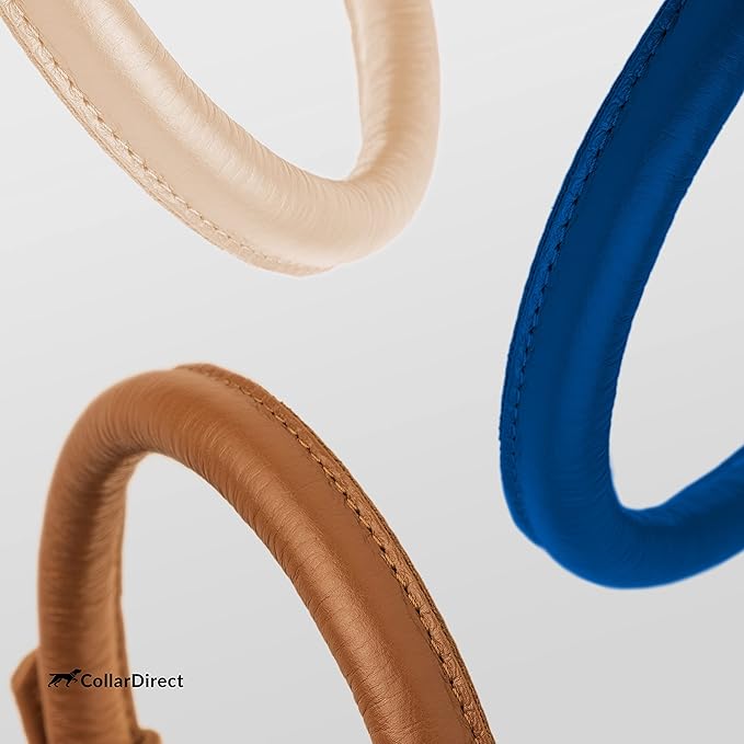 CollarDirect Rolled Leather Dog Collar, Soft Padded Round Puppy Collar, Handmade Genuine Leather Collar Dog Small Large Cat Collars 13 Colors (12-15 Inch, Dark Blue Textured)