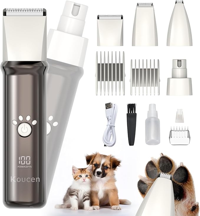 4 in 1 Dog Grooming Kit with LED Display, Dog Grooming Clippers with 4 Guide Combs, Rechargeable Low Noise Cat Hair Trimmer, Pet Paw Trimmer for Cat Dogs Paws Face Ears