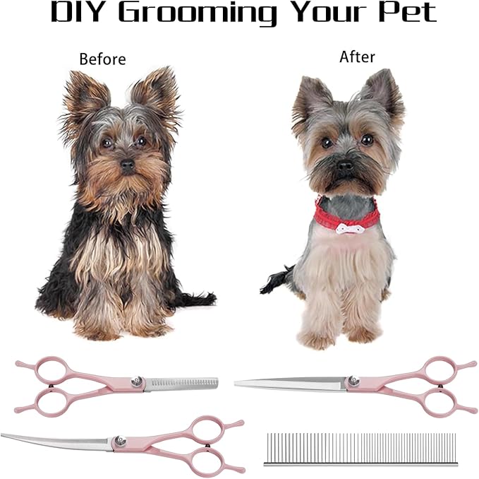 Professional Dog Grooming Scissors Set, 5 in 1 Dog Grooming Scissors Kit, Curved Dog Scissors Pet Thinning Shears, Pet Grooming Supplies, Pink