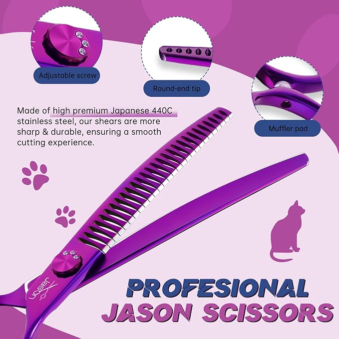 JASON 7" Curved Chunker Dog Scissors - Ergonomic Pet Scissors Purple Curved Dog Shears 440C Stainless Steel Grooming Shears Professional Pet Shears for Groomer (28-Teeth, Down-Curved)