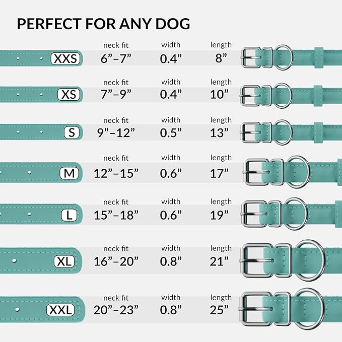 CollarDirect Rolled Leather Dog Collar, Soft Padded Round Puppy Collar, Handmade Genuine Leather Collar Dog Small Large Cat Collars 13 Colors (13-16 Inch, Mint Green Textured)