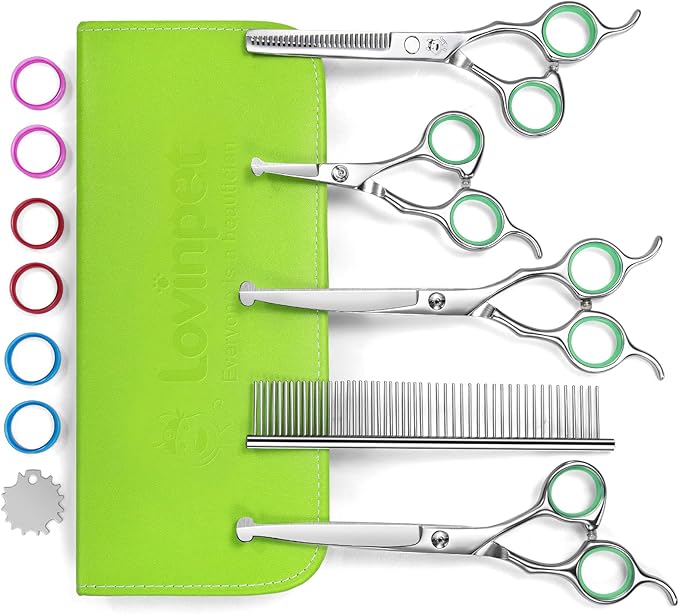 LovinPet Dog Grooming Scissors Set, all Safety Round Tips Professional 6 in 1 Germany Stainless Steel Dog Grooming Scissors Kit,Sharp and Durable Pet Grooming Shears for Dogs Cats for Home and Travel