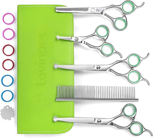 LovinPet Dog Grooming Scissors Set, all Safety Round Tips Professional 6 in 1 Germany Stainless Steel Dog Grooming Scissors Kit,Sharp and Durable Pet Grooming Shears for Dogs Cats for Home and Travel