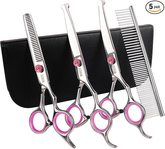 Professional Dog Grooming Scissors with Safety Round Tips, 5 in 1 Dog Grooming Scissors Kit, 4CR Stainless Steel Professional Pet Grooming Shears for Dog, Sharp and Durable, Pink