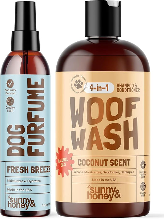 Sunny & Honey 4-in-1 Dog Shampoo and Conditioner & Perfume Spray Bundle - Moisturizing Body Wash - Detangling Spray Deodorizer (Coconut Woof Wash 16oz, Breeze Perfume 8oz)