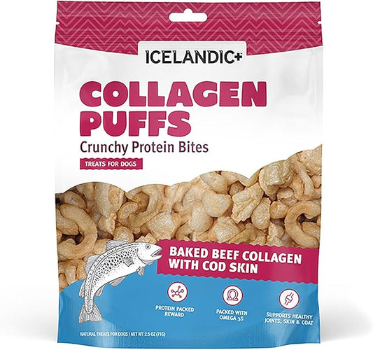 Icelandic+ Collagen Puffs: Baked Beef Collagen with Cod Skin 2.5oz - Treats for Med-Lg Dogs, Crunchy Protein Bites