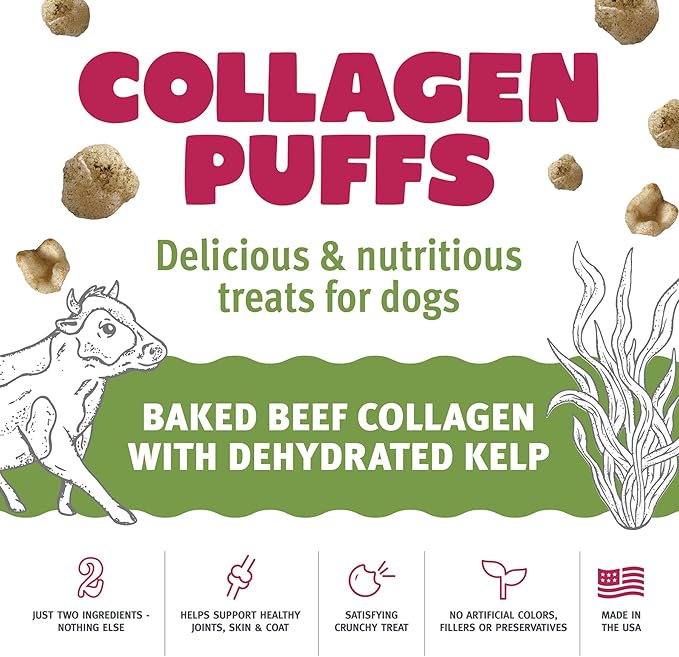 Icelandic+ Collagen Puffs: Baked Beef Collagen W/Dehydrated Kelp 2.5oz - Treats for Med-Lg Dogs, Crunchy Protein Bites