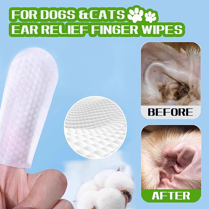 PET Ear Cleaner Finger Wipes, Ear Finger Wipes, Ear Cleaning Finger Wipes for Dogs & Cats, Gently Removes Dirt & Odor, Dissolves Wax Build-Up, Easy to Use, Natural Ingredients - 55 Count