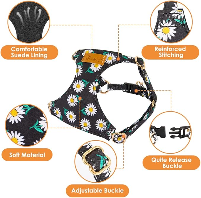 SlowTon No Pull Dog Harness with Leash - Soft Lightweight Floral Pattern Puppy Harness, Adjustable Pet Harness for Small Medium Dogs (Black Daisy XXS)