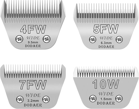 4 Pack Detachable Pet Dog Grooming Blades-Size 10W+7FW+5FW+4FW Dog Grooming Wide Blade,Cutting Length 1/16 in -3/8 in(1.5mm-9.5mm),Compatible with Most Andis,Oster A5,Wahl km10 Clippers