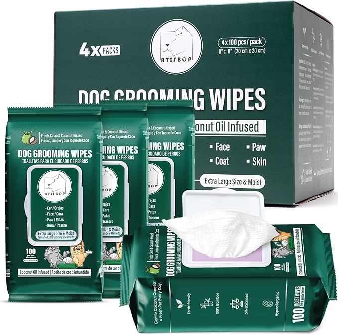 Dog Wipes for Paws and Bum, Hypoallergenic Pet Grooming Wipes Natural and Gental, 400 Wipes for Cleaning & Grooming Moisturizing Coconut