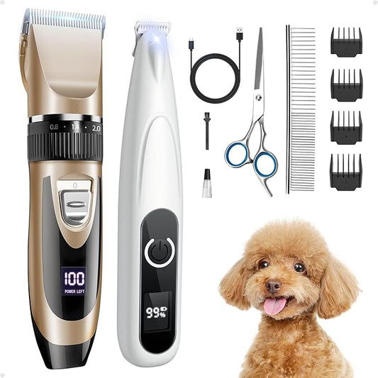2 in 1 Dog Grooming Kit, Low Noise Rechargeable Dog Clippers for Grooming, Cordless Dog Grooming Clippers and Dog Paw Trimmer, Dog Shavers for Grooming Small Dogs Cats Animals