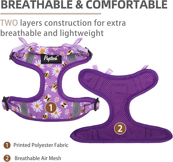 PUPTECK No Pull Dog Harness and Leash Set Reflective No Choke Step in Puppy Halter for XS Small and Medium Sized Dogs, Purple, Printed Fabric, S