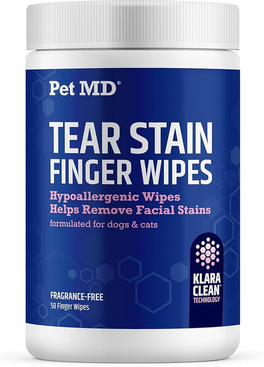Pet MD Finger Wipes - Tear Stain Remover for Dogs & Cat Eye Wipes - Dog Eye Wipes for Discharge and Crust - Fragrance-Free & Hypoallergenic Face and Eye Cleaner - 50ct