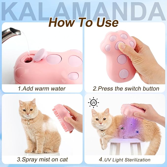Cat Steam Brush for Shedding, 4 in 1 Steamy Cat Brush Cleanser, Dog Massage Grooming Brush with Release Button, Pet Hair Cleaning Misting Comb for Kitten(Pink Paw)