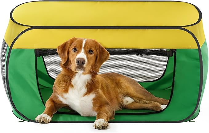 Travel Dog Crate Portable Dog Kennel for Small Dogs Pop Up Soft Dog Enclosure Indoor Outdoor for Medium Dogs Pets Foldable Crate(Green and Yellow-Medium)