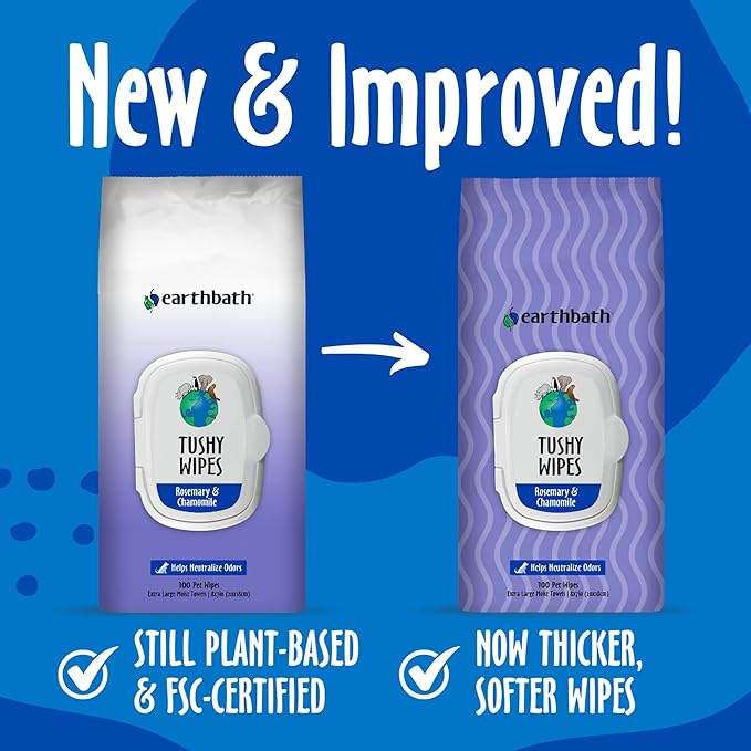 earthbath, Rosemary & Chamomile Tushy Wipes - Dog Wipes for Paws and Butt, Pet Wipes for Dogs & Cats, Made in USA, Cruelty-Free Dog Cleaning Wipes, Helps Neutralize Odors - 100 Count (1 Pack)