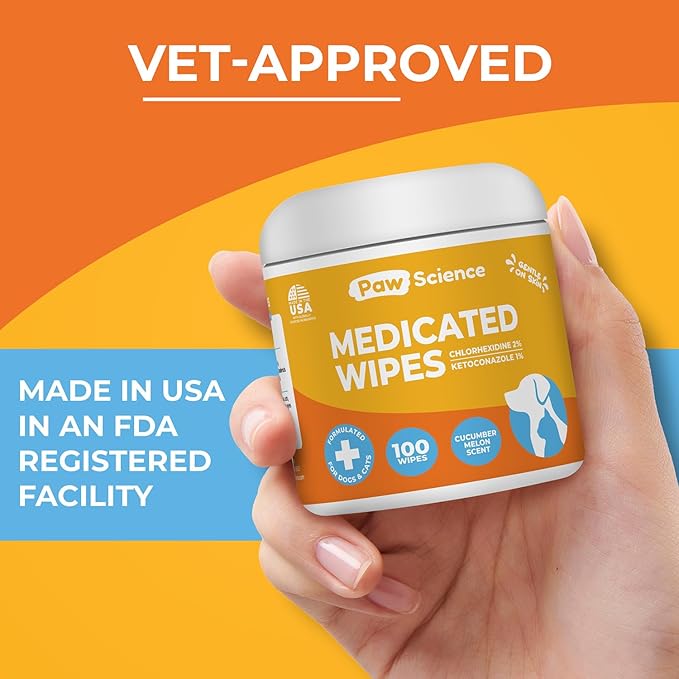 Antibacterial & Antifungal Medicated Wipes for Dogs and Cats – 100 Count - Chlorhexidine Wipes with Ketoconazole for The Treatment of Rashes, Skin Infections, Itchy Paws, and Pet Acne