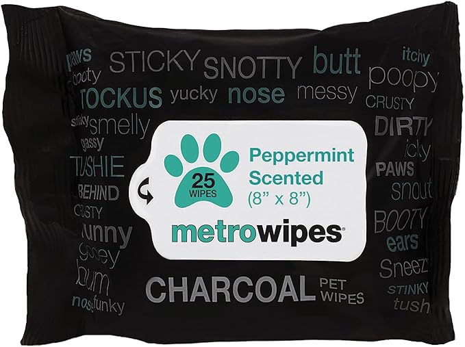 MetroPaws Peppermint Scented Charcoal Dog Wipes, 25 Extra Large & Thick Cleaning Wipes Ideal for Cats and Dogs, for Paws, Butt, Ears and Eyes