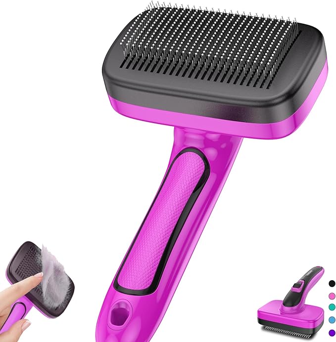 Dog Brush for Shedding, Self-Cleaning Slicker Brush, Perfect for Short & Long Haired Pets, Removes Mats, Tangles, Loose Fur, Gentle on Skin, Ideal for Small, Medium, Large Dogs. Pink