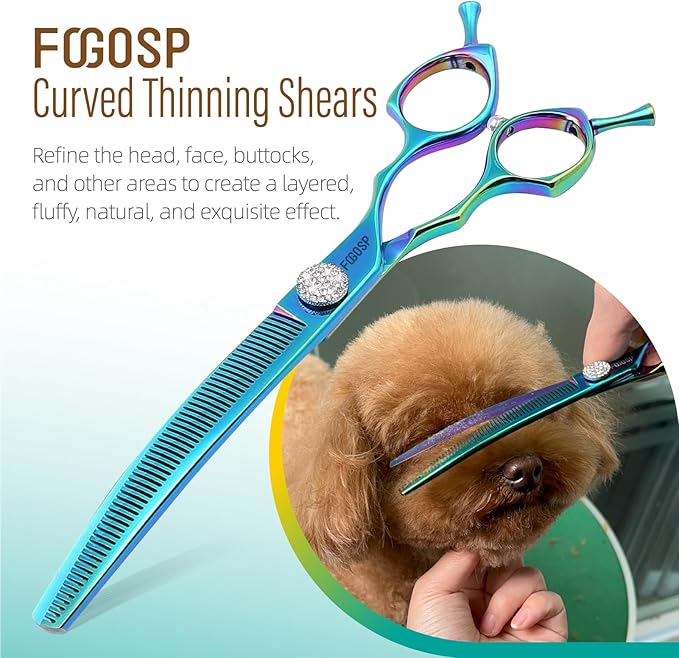 45°Curved Dog Grooming Scissors Curved Thinning Shears Curved Chunkers Dog Shears 3Pcs Combo (Turquoise)