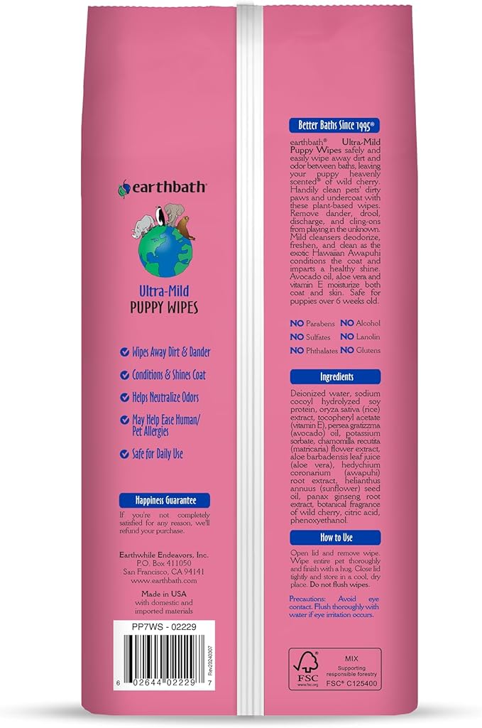 earthbath, Ultra-Mild Wild Cherry Puppy Wipes - Dog Wipes for Paws and Butt, Best Pet Wipes for Dogs & Puppies, Made in USA, Cruelty-Free Dog Cleaning Wipes - 100 Count (2 Pack)