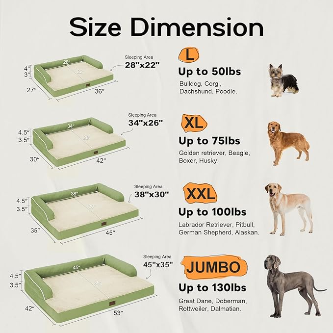 Large Dog Bed Orthopedic Washable - Removable Waterproof Cover Bed Pet - XXXL Large Big Dogs - Memory Foam - Couch Sofa with Removable Bolster - Grass Green Dog Bed