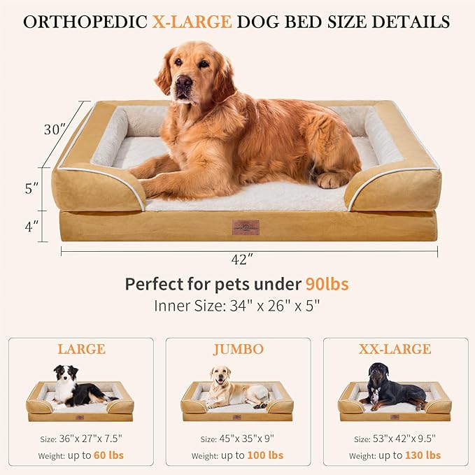 Extra Large Dog Beds, XL Dog Beds Waterproof, Orthopedic Dog Bed with Bolster, Washable Dog Bed Sofa Pet Bed with Removable Cover & Non-Slip Bottom(X-Large,Khaki)