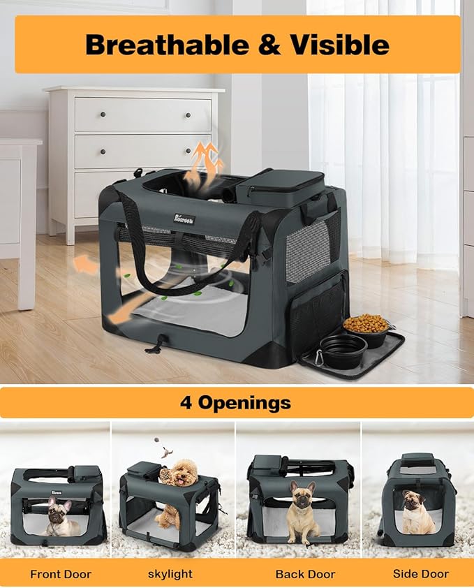 Extra Large Dog Crate with 2 Foldable Bowl, 32 Inch Collapsible Travel Dog Crate Kennel with Soft Blanket for Medium Dogs,Indoor & Outdoor (32" L x 23" W x 23" H, Grey)